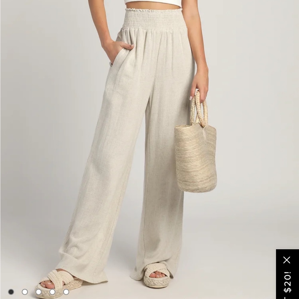 Lulu’s Hit the Breeze Beige Smocked Wide-Leg Pants NWT